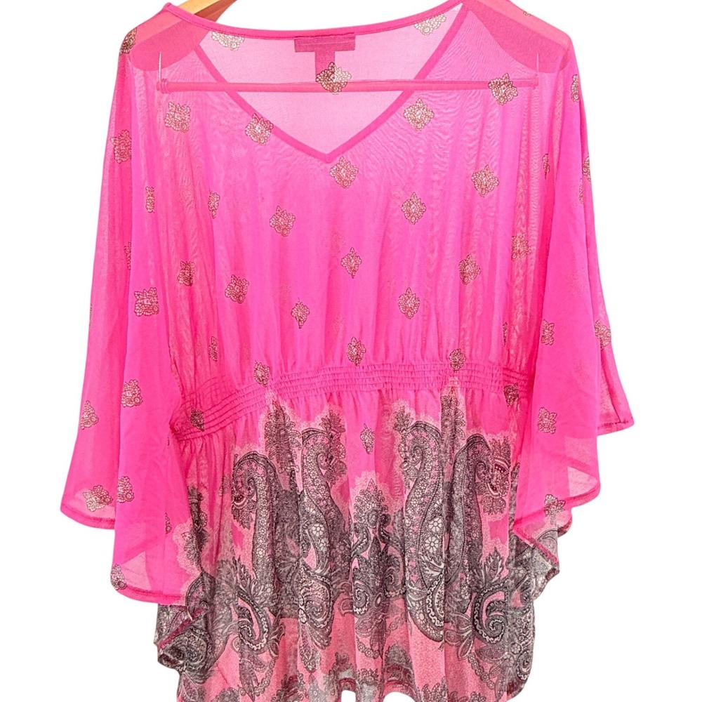 INC International Concepts Hot Pink Paisley Mesh Kaftan‎ Top V-Neck Plus 2X - Picture 5 of 7